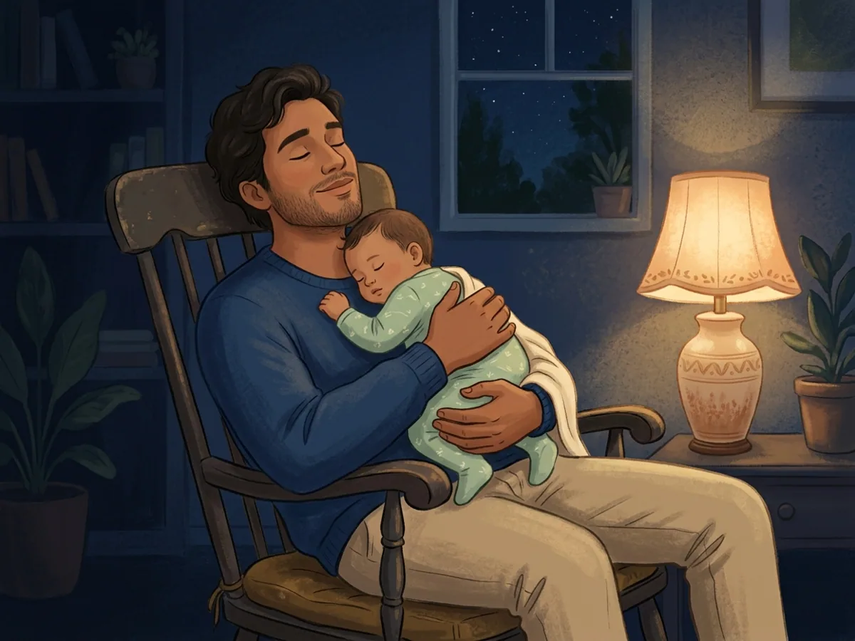 Ilustração de um adulto de ombros relaxados em cadeira de balanço, com o bebê tranquilo apoiado no peito, em quarto com luz baixa.