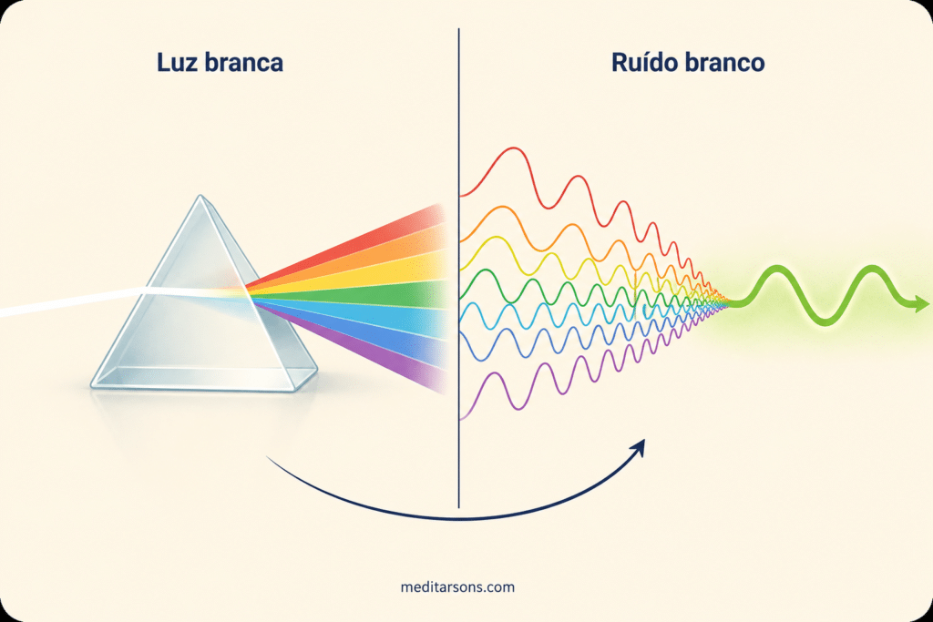 diagrama comparando a luz branca decomposta em cores com o ruído branco como soma de todas as frequências.
