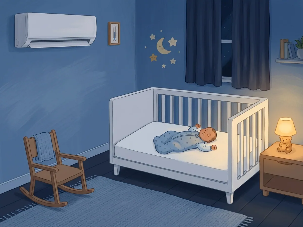 Quarto de bebe a noite com ar-condicionado na parede e o berco posicionado longe do fluxo direto de ar, em ambiente ameno e tranquilo.