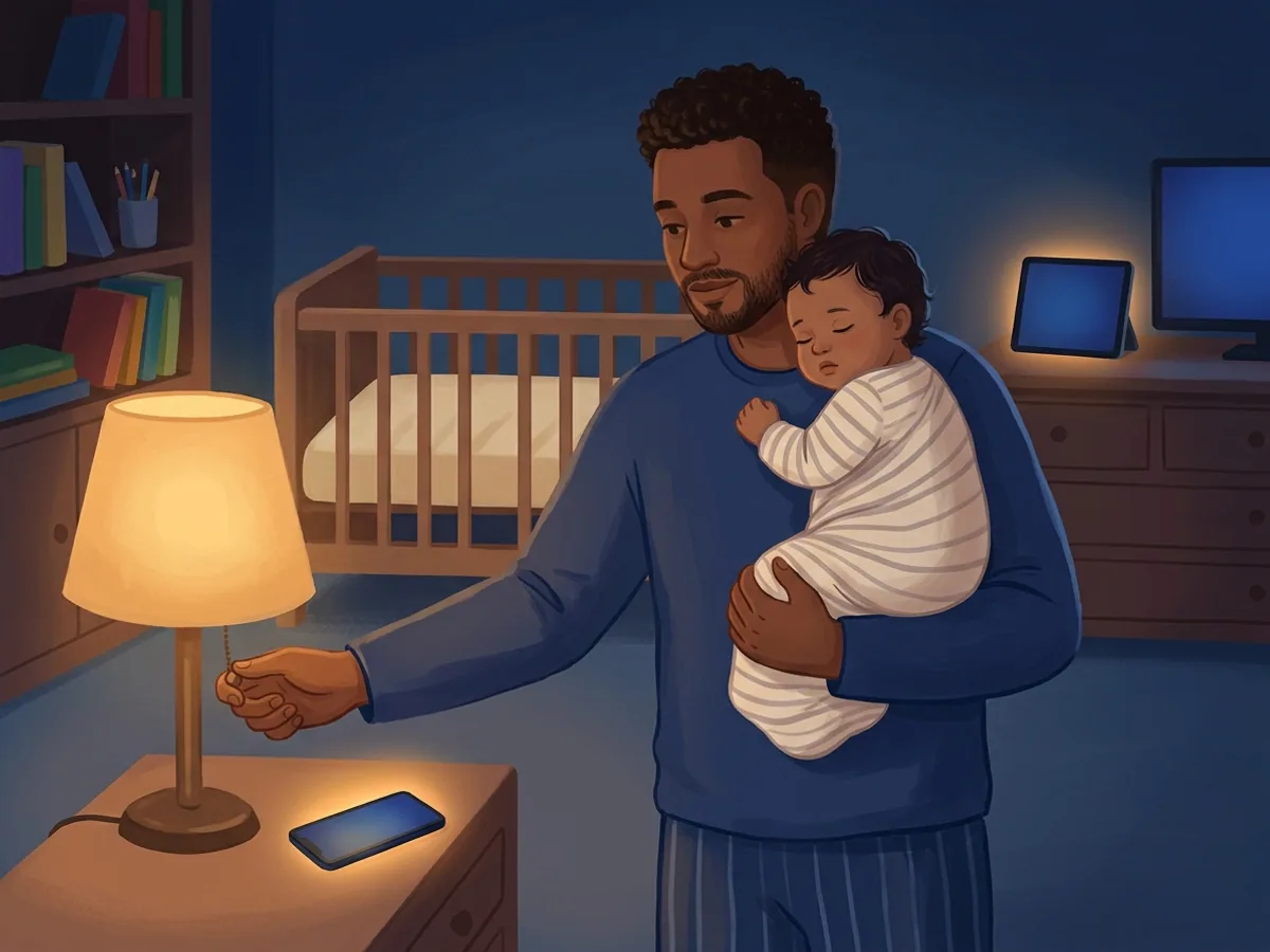 Adulto baixando a luz e as telas do quarto enquanto acalma um bebê sonolento no colo.