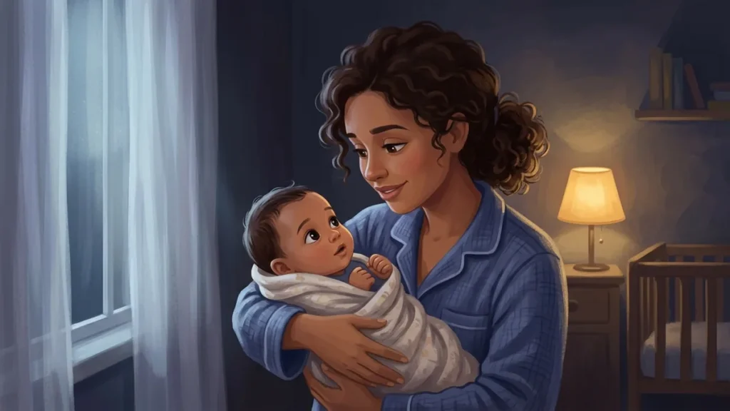 Ilustracao de mae embalando com carinho um bebe bem acordado no meio da noite, com luar suave entrando pela janela do quarto em penumbra.