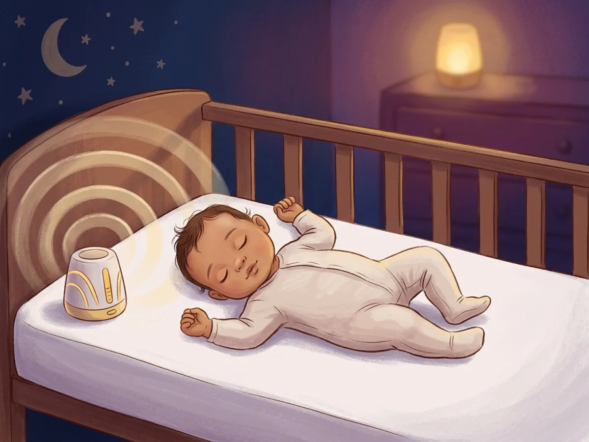 Ilustração de bebê dormindo de barriga para cima com ondas sonoras suaves ao redor funcionando como pista de sono