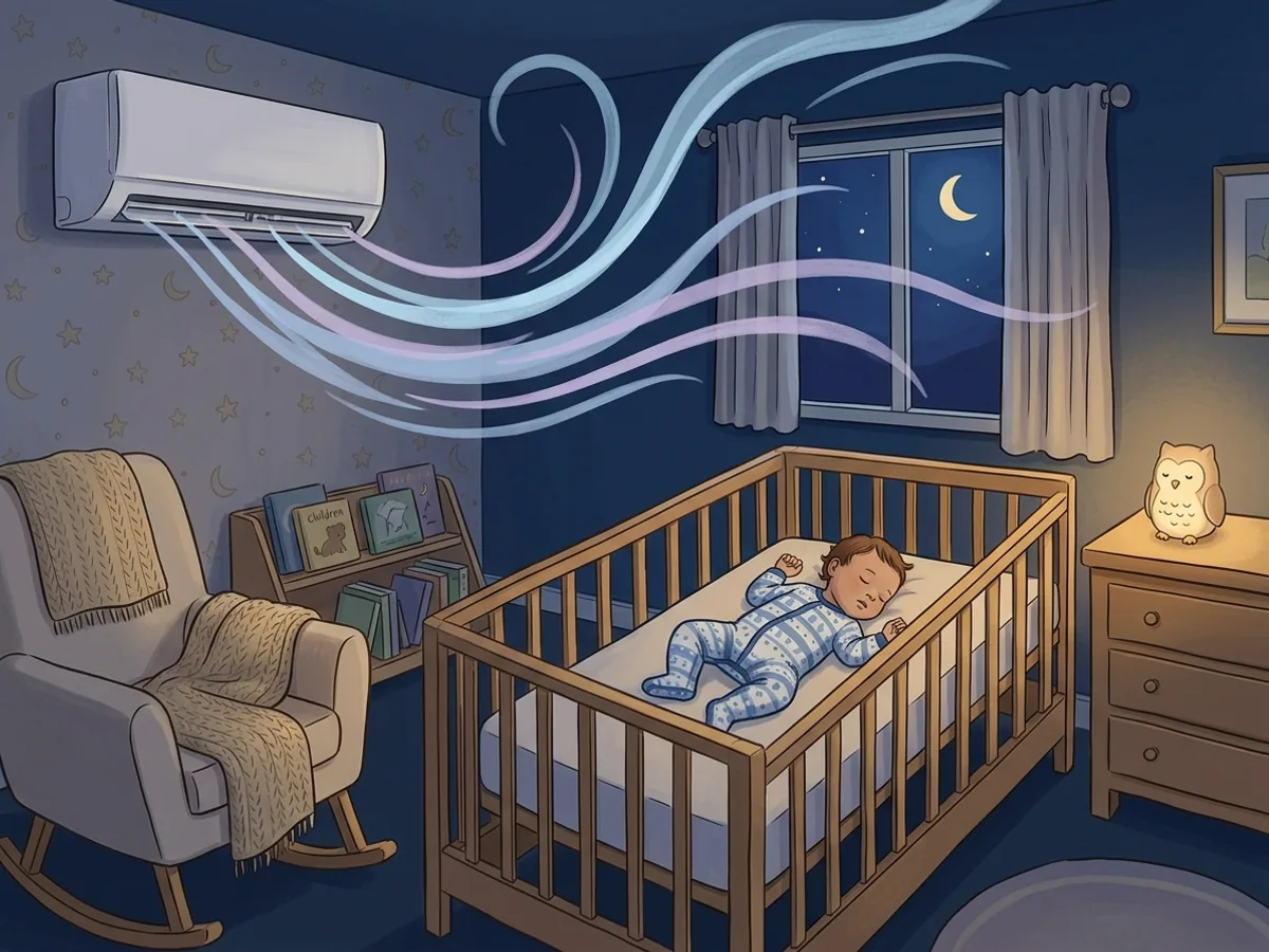 Quarto de bebê à noite com ar-condicionado na parede e o fluxo de ar curvando-se para longe do berço onde o bebê dorme de barriga para cima.