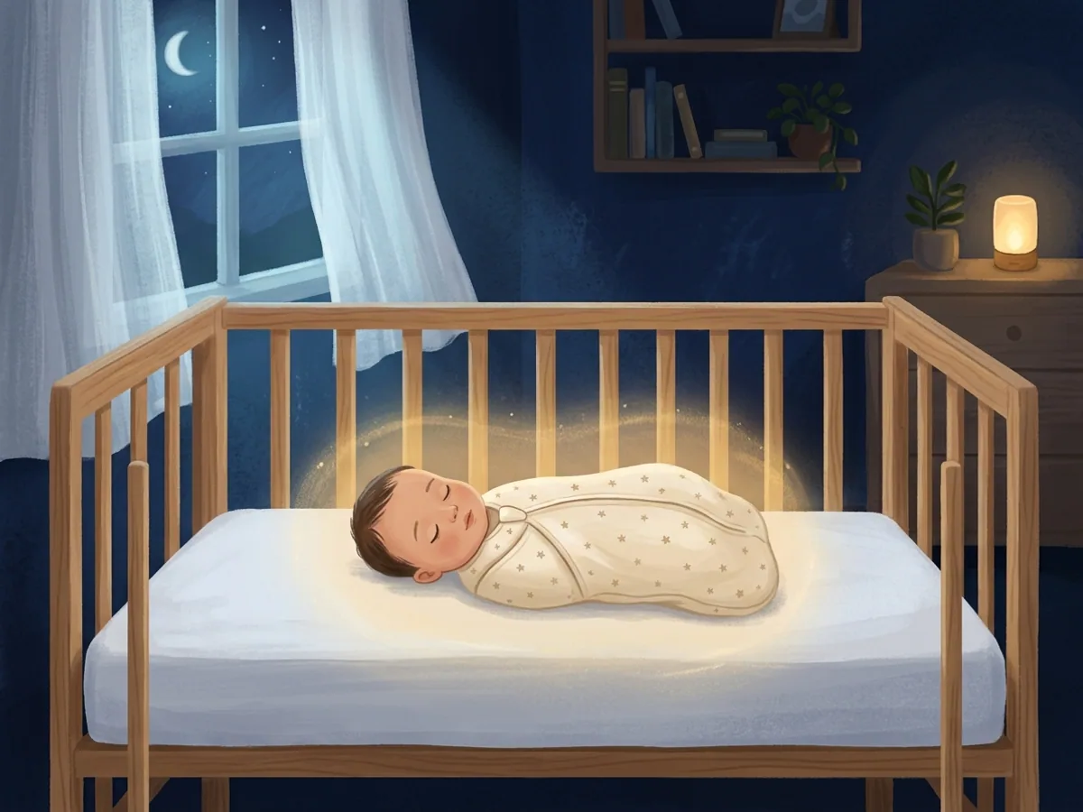 Ilustração de bebê dormindo de barriga para cima em berço de colchão firme, sob luar suave que entra pela janela.
