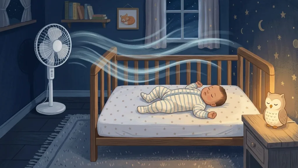Ilustracao de bebe dormindo tranquilo de barriga para cima em berco, com um ventilador no canto do quarto apontado para a parede, sob luz suave de abajur.