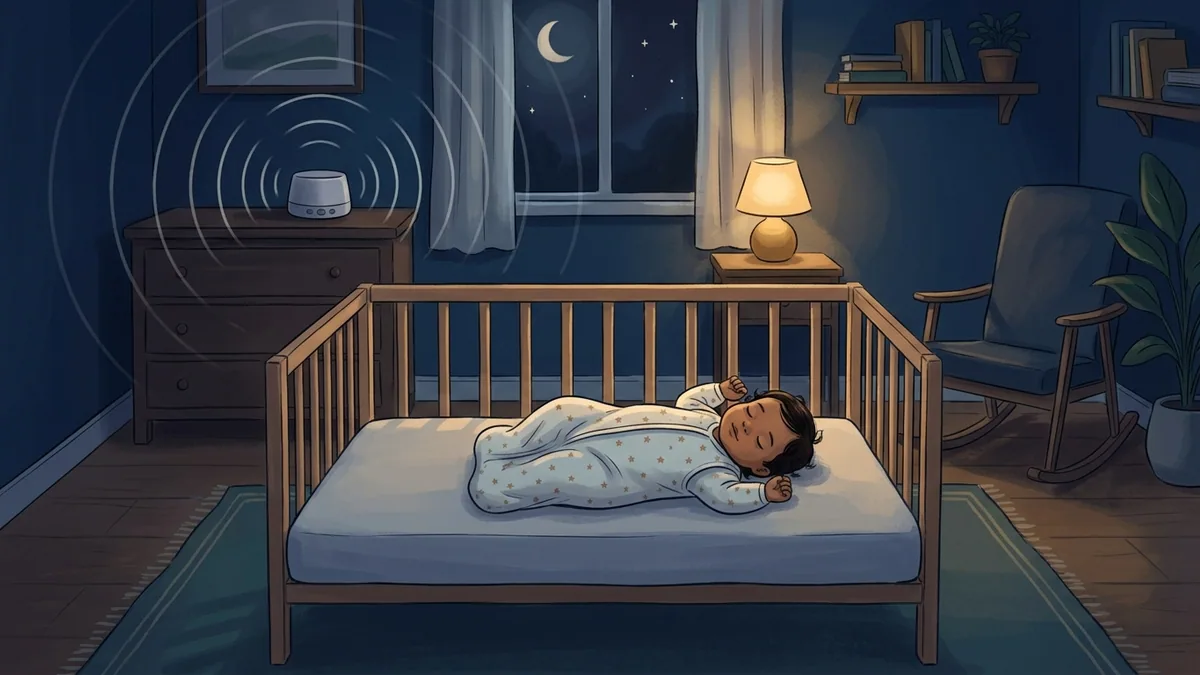 Ilustração de bebê dormindo de barriga para cima no berço enquanto as ondas sonoras de um aparelho de som vão diminuindo ao redor