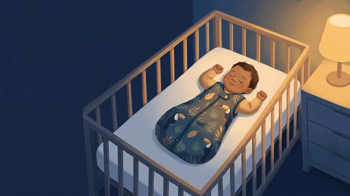 Bebê dormindo de barriga para cima em berço sem cobertores, vestindo um saco de dormir fechado, sob luz dourada suave de abajur.