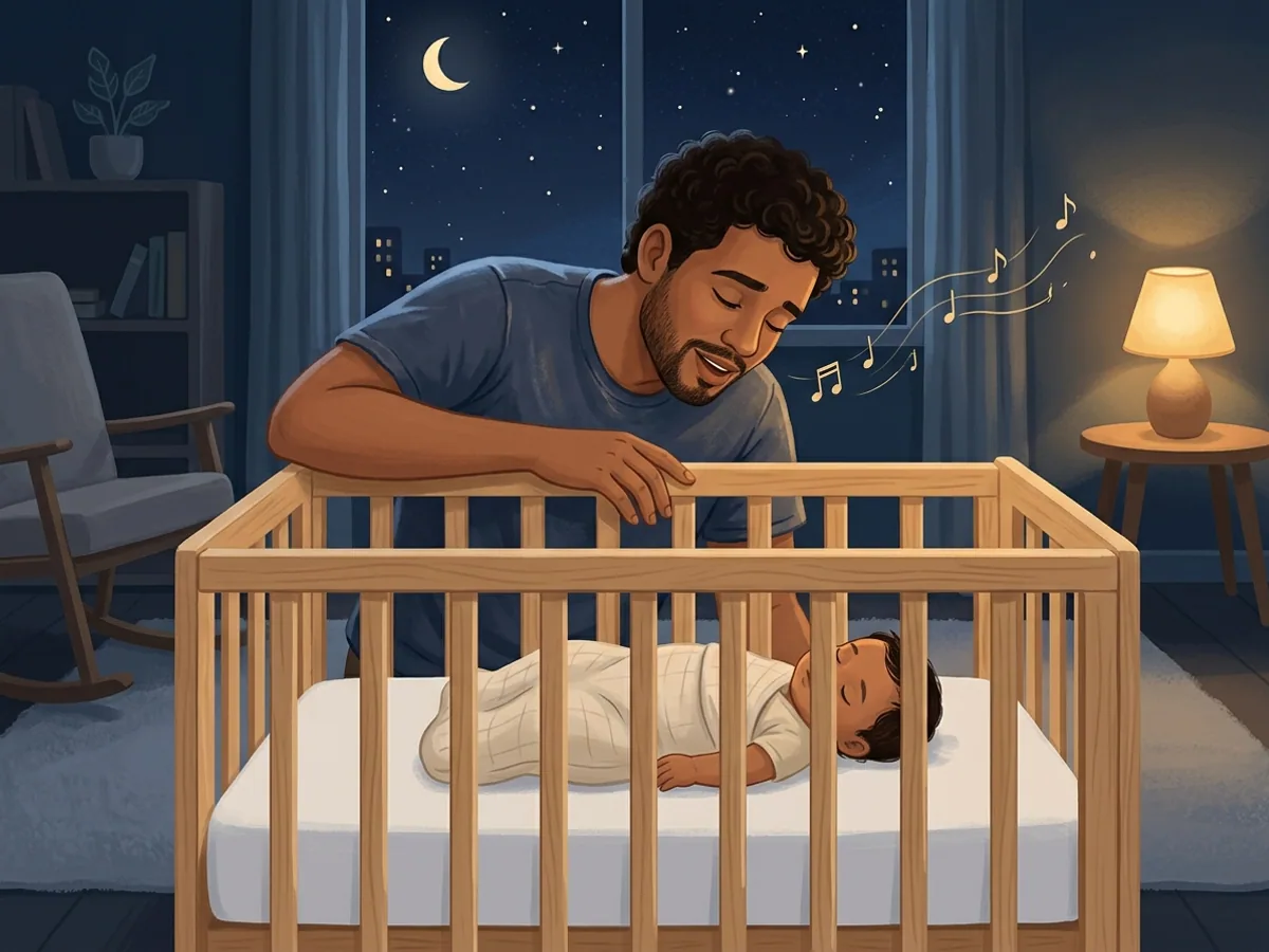 Adulto canta baixinho para o bebê que dorme de barriga para cima no berço, com céu estrelado na janela e luz suave de abajur.