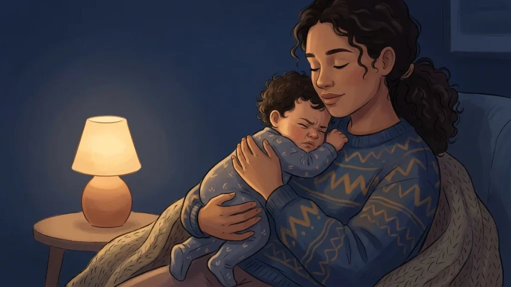 Mãe segurando no colo um bebê inquieto e sobrecansado em um quarto à meia-luz durante a noite.