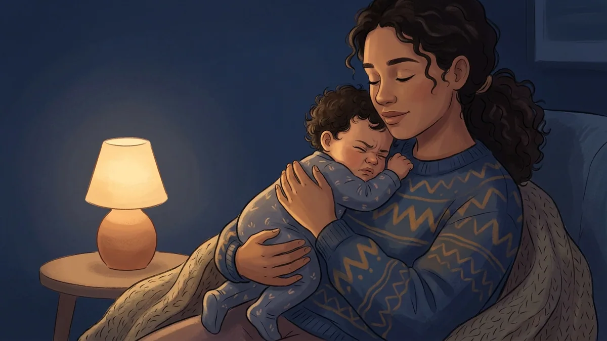 Mãe segurando no colo um bebê inquieto e sobrecansado em um quarto à meia-luz durante a noite.