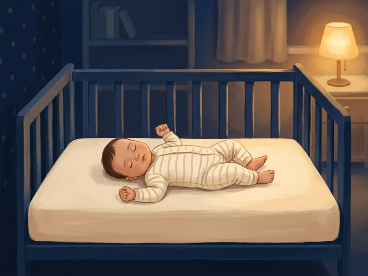 Bebê dormindo de barriga para cima em berço com colchão firme e lençol preso, sem travesseiro, cobertor ou pelúcias, vestido com body e pijama.