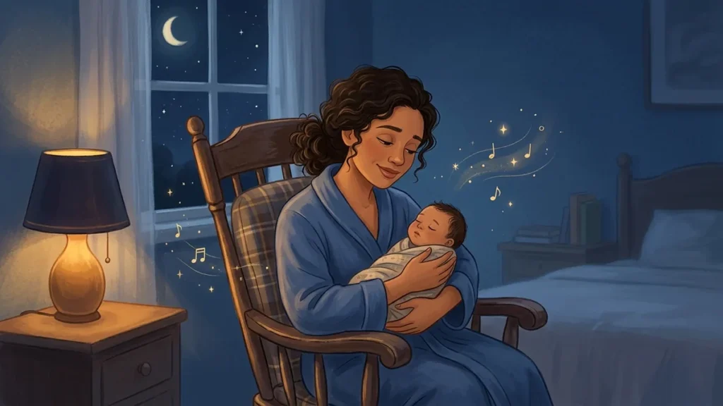 Mãe embala o bebê no colo cantando baixinho em quarto com luz de abajur no fim da noite