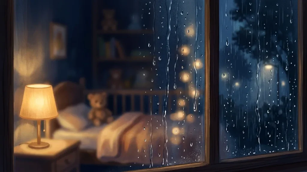 Gotas de chuva escorrendo no vidro da janela de um quarto de bebê com luz dourada de abajur ao fundo.