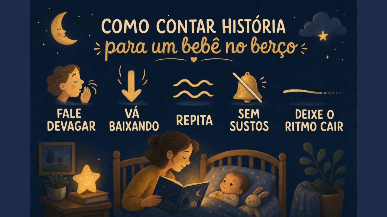 Infográfico ilustrado com cinco dicas curtas para contar história no berço: fale devagar, vá baixando, repita, sem sustos e deixe o ritmo cair.
