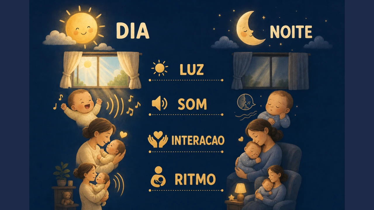 Infografico ilustrado em duas colunas comparando os cuidados de dia e de noite para ajustar o sono do recem-nascido.