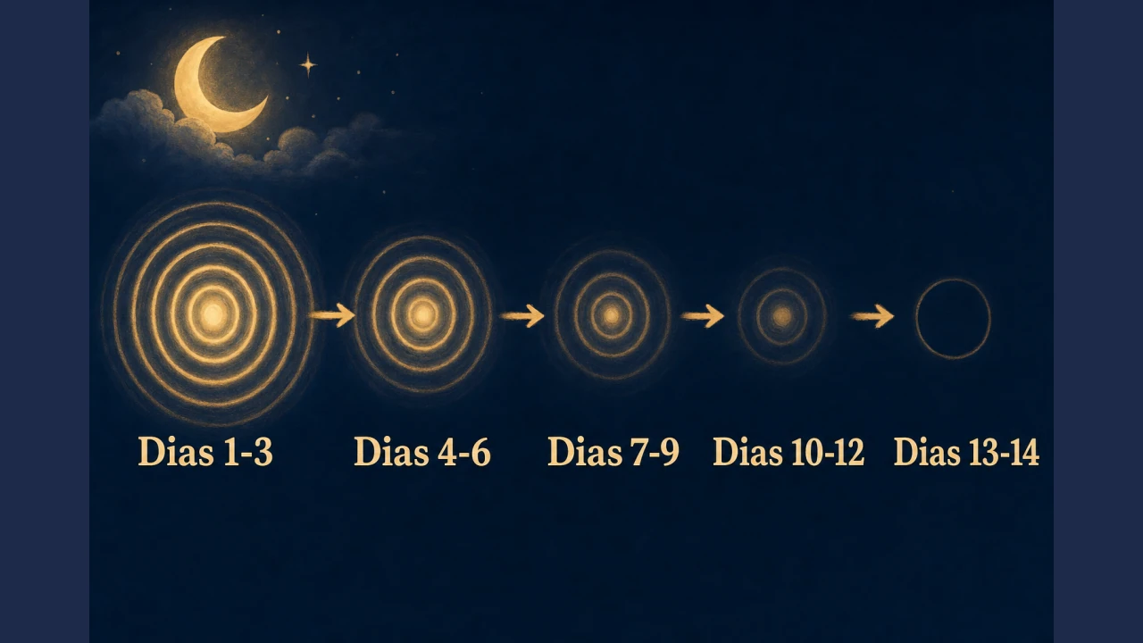 Linha do tempo de 14 dias mostrando a redução gradual do volume do ruído branco em cinco etapas