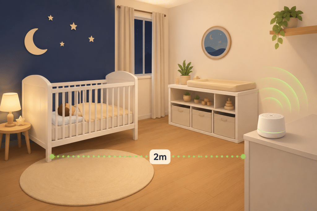 quarto do bebê com a fonte de som afastada cerca de dois metros do berço