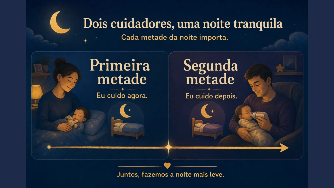 Linha do tempo ilustrada da noite dividida em dois turnos de sono protegido entre os dois cuidadores.