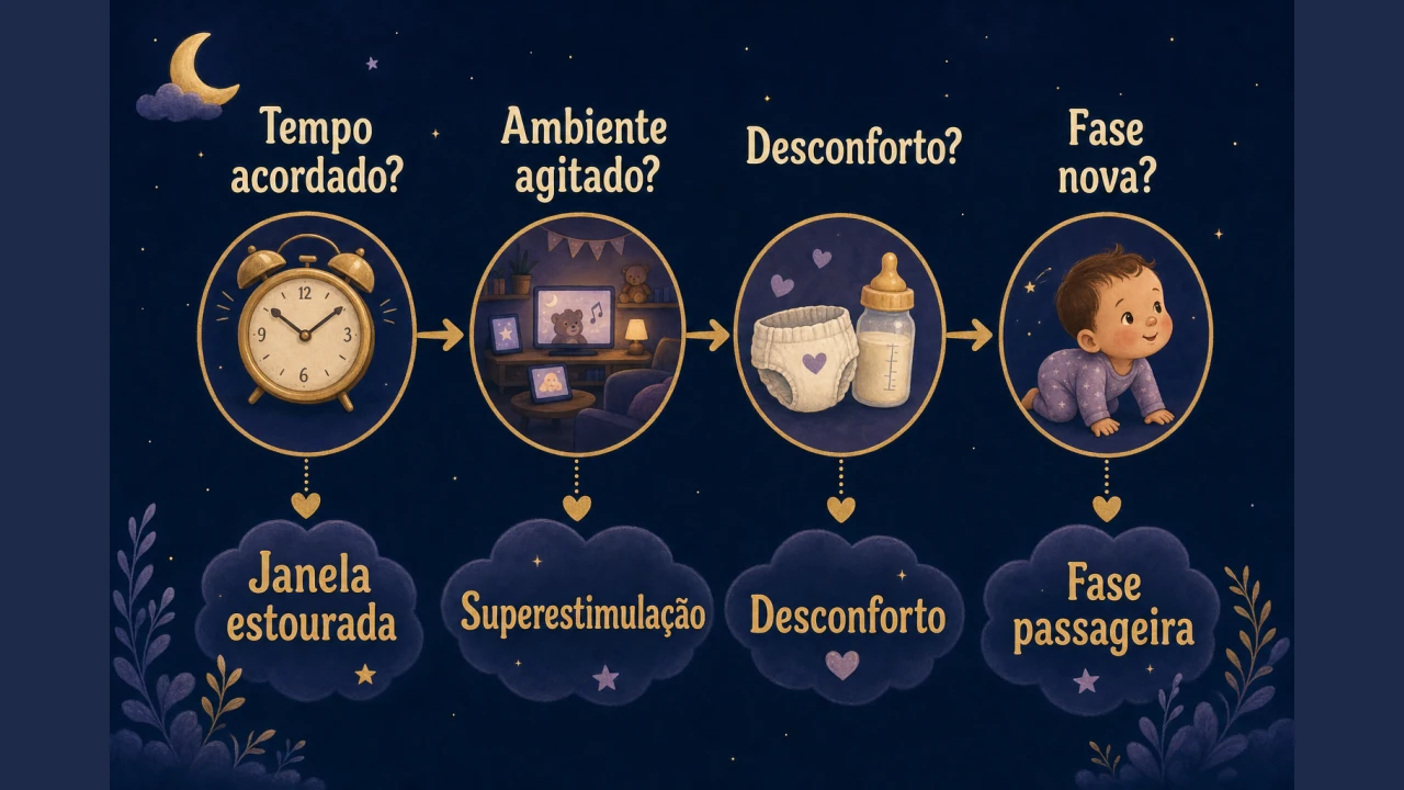 Fluxograma com quatro perguntas que ajudam a descobrir por que o bebê está brigando com o sono.