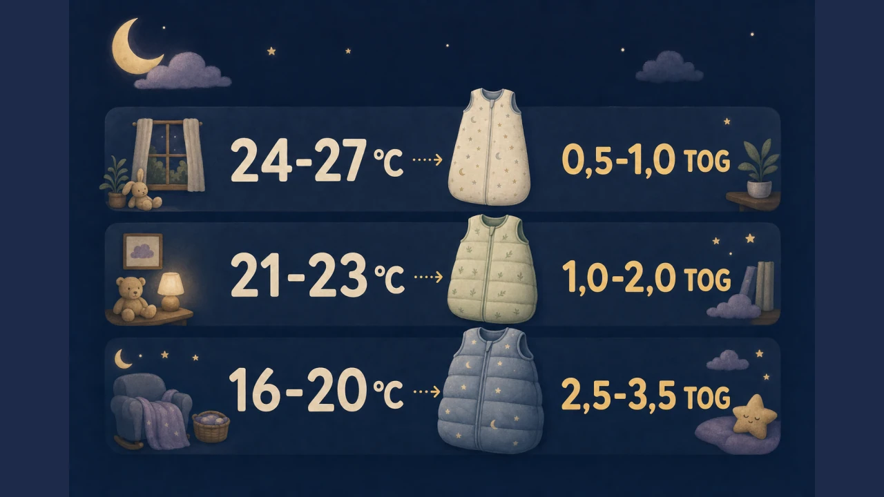 Infográfico ilustrado relacionando faixas de temperatura do quarto ao TOG de referência do saco de dormir.