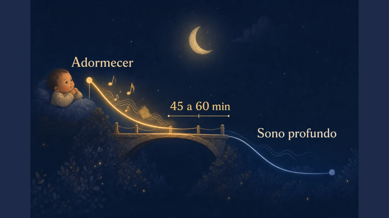 Linha do tempo de uma noite mostrando a música atuando como ponte nos primeiros 45 a 60 minutos até o sono do bebê aprofundar.