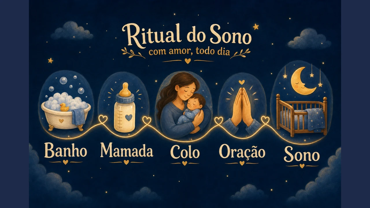 Linha do tempo ilustrada do ritual do sono do bebê, com as etapas banho, mamada, colo, oração e sono.