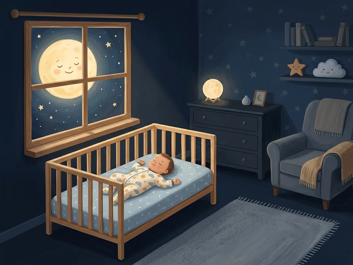 Lua cheia e serena espiando pela janela de um quarto de bebê e iluminando de leve o berço com o bebê dormindo de barriga para cima.