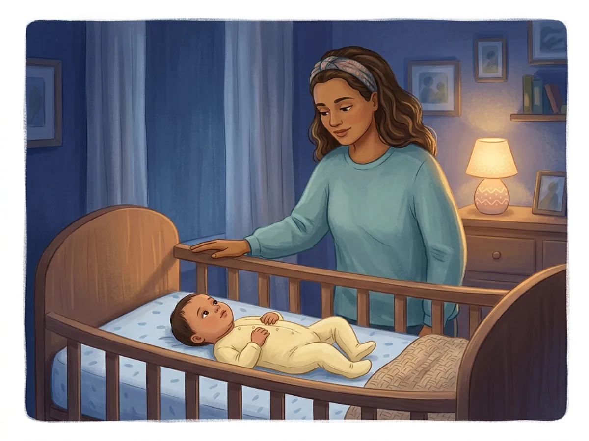 Ilustração de mãe acalmando com a mão um bebê inquieto deitado de barriga para cima no berço durante a noite