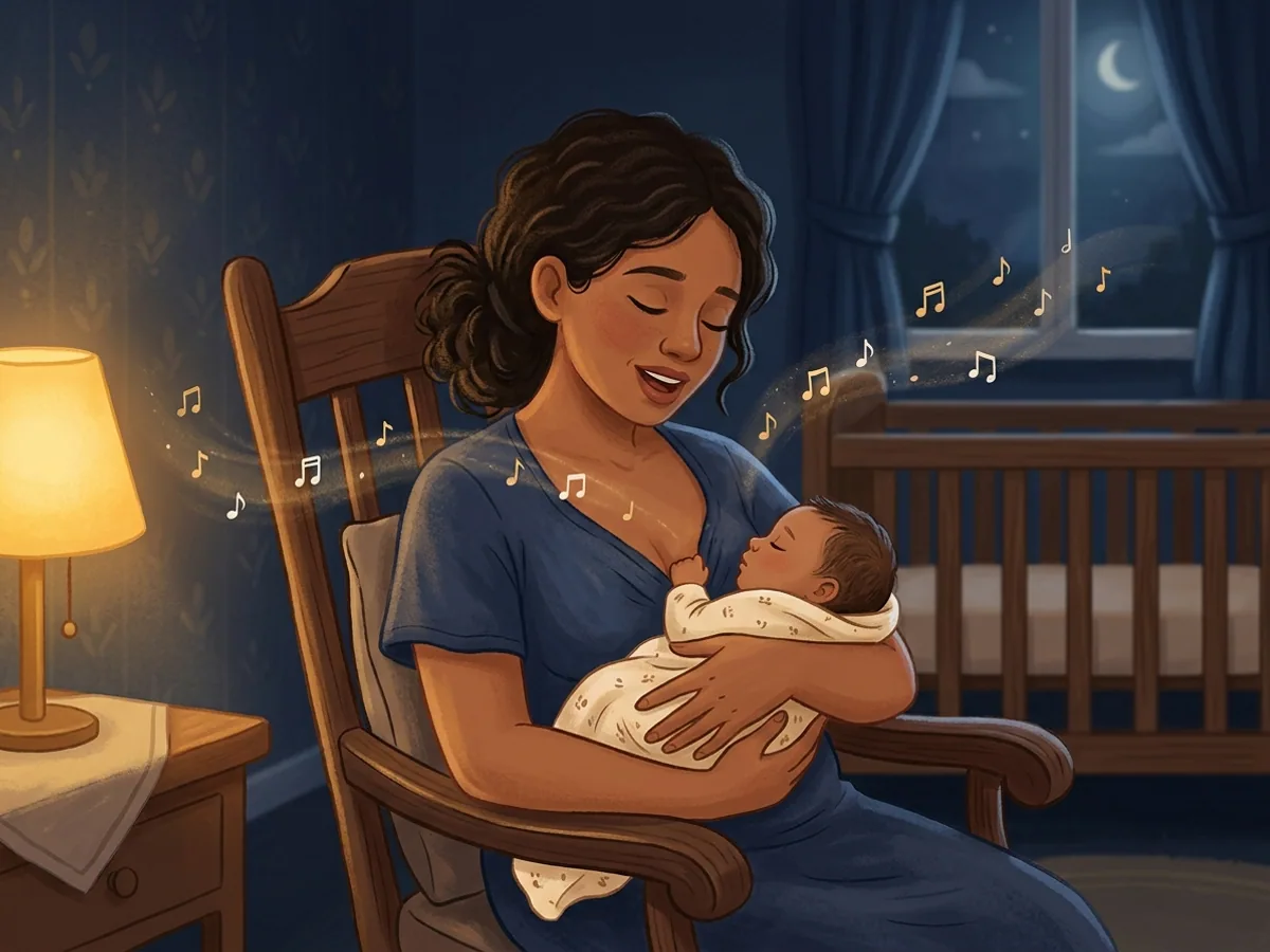 Mãe embalando o bebê no colo em uma cadeira de balanço e cantando baixinho, com notas musicais suaves flutuando no ar e um berço ao fundo.