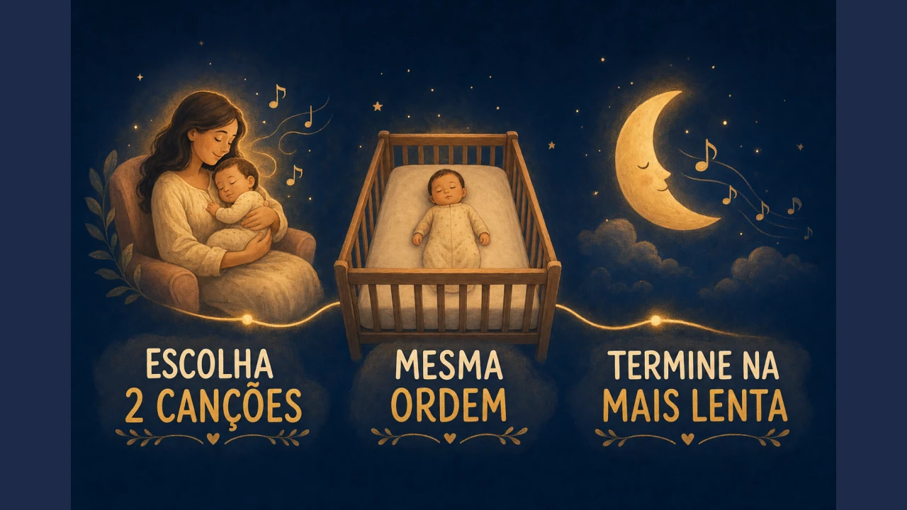 Método de mini-repertório em três etapas: escolher duas canções, manter a mesma ordem todas as noites e terminar na mais lenta com o bebê no berço.
