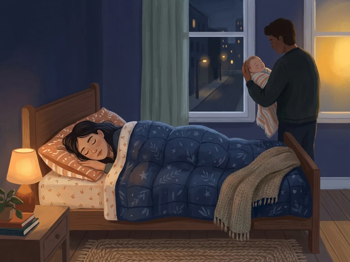 Uma pessoa descansando deitada na cama enquanto o outro cuidador segura o bebê tranquilo ao fundo durante o revezamento noturno.