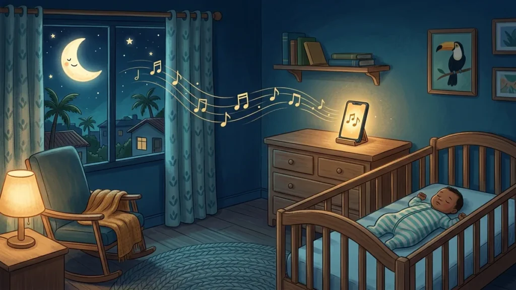 Quarto de bebê à noite com celular tocando música sobre a cômoda, notas musicais suaves flutuando em direção à lua e bebê dormindo de barriga para cima no berço.