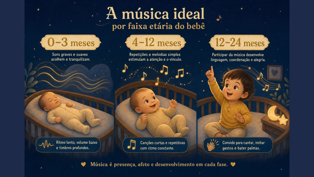 Quadro ilustrado comparando o tipo de som ideal por faixa etária do bebê, de 0 a 24 meses