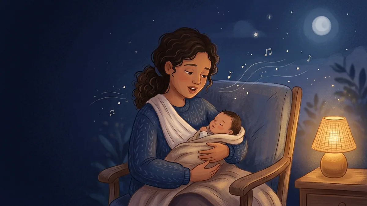 Ilustração de uma mãe cantando baixinho para um recém-nascido aninhado no colo, em quarto noturno, com notas musicais discretas flutuando no ar.