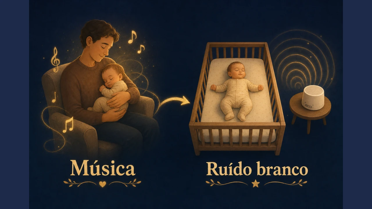 Esquema ilustrado mostrando a música na fase de embalar e o ruído branco na fase de manter o sono