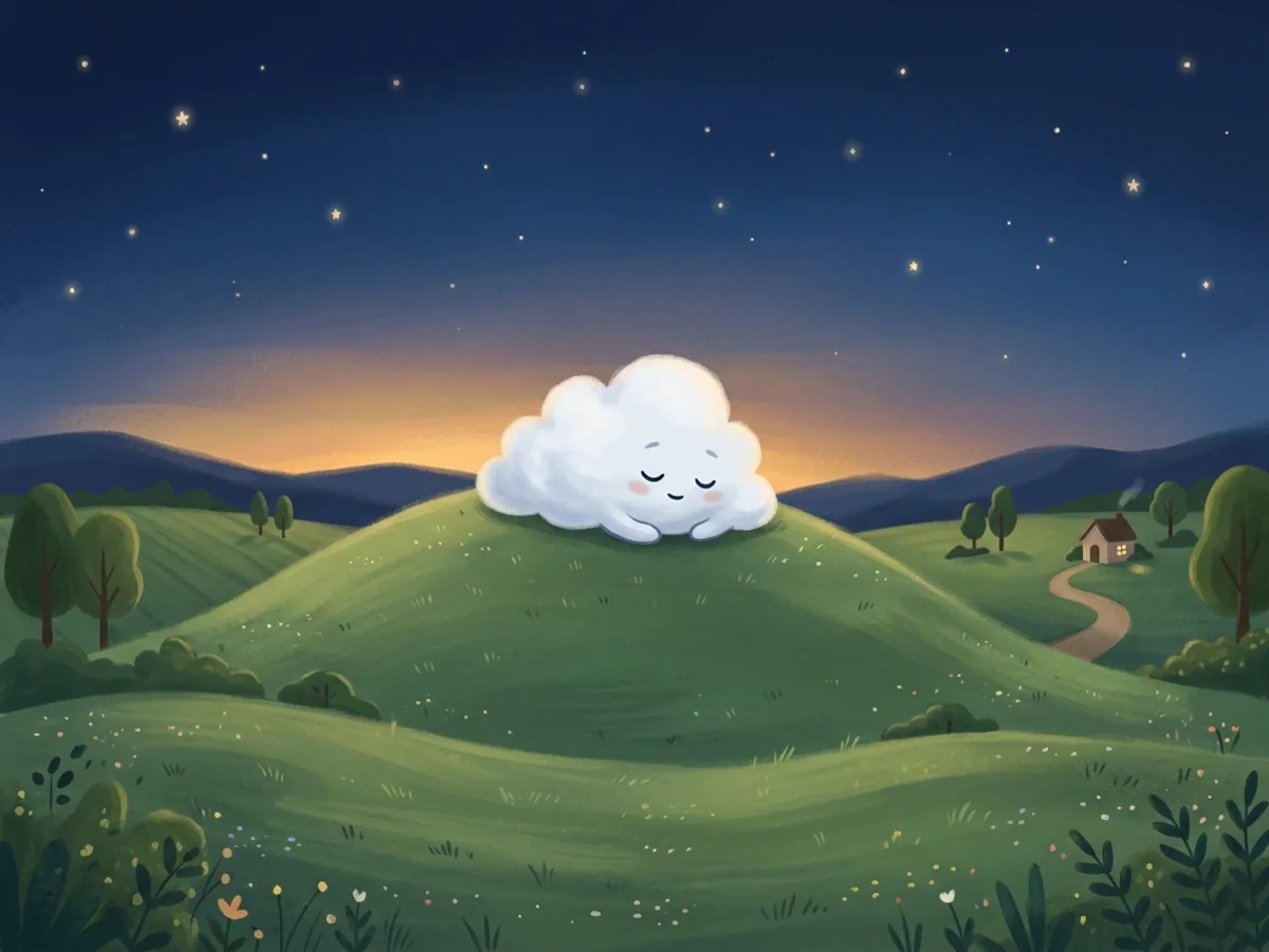 Nuvem pequena, branca e macia pousando sobre uma colina verde arredondada ao anoitecer, sob um céu com as primeiras estrelas.