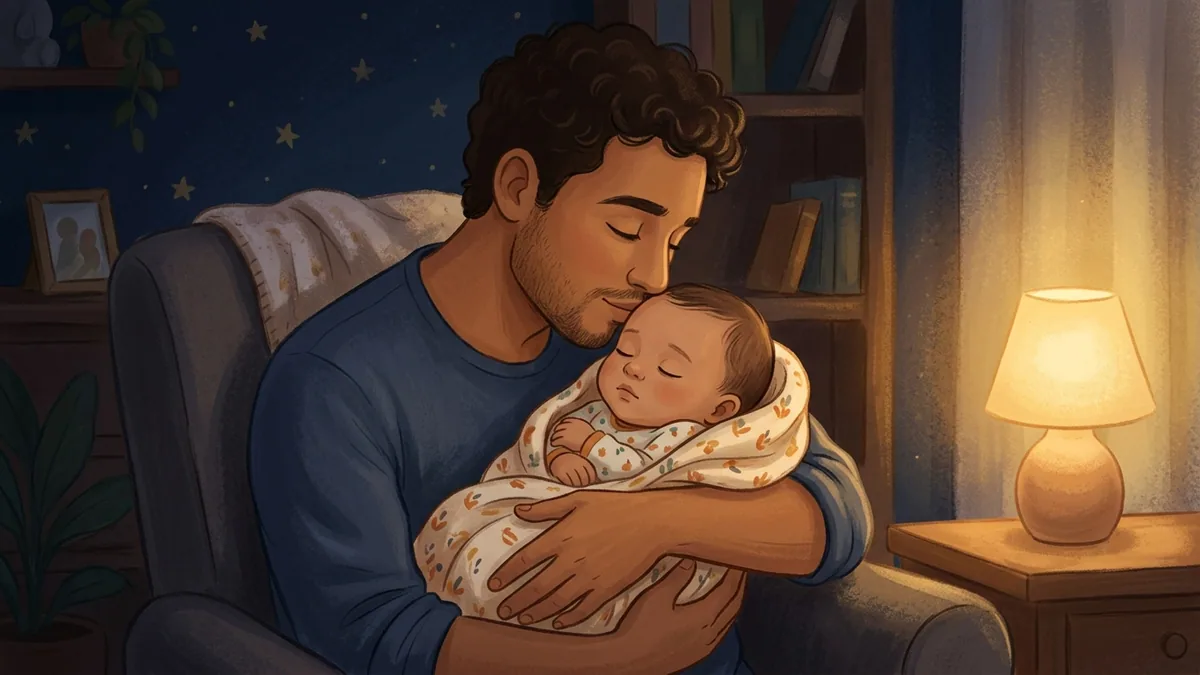 Ilustração de um pai embalando o bebê no colo e sussurrando uma bênção sob a luz quente de um abajur, em quarto à noite.