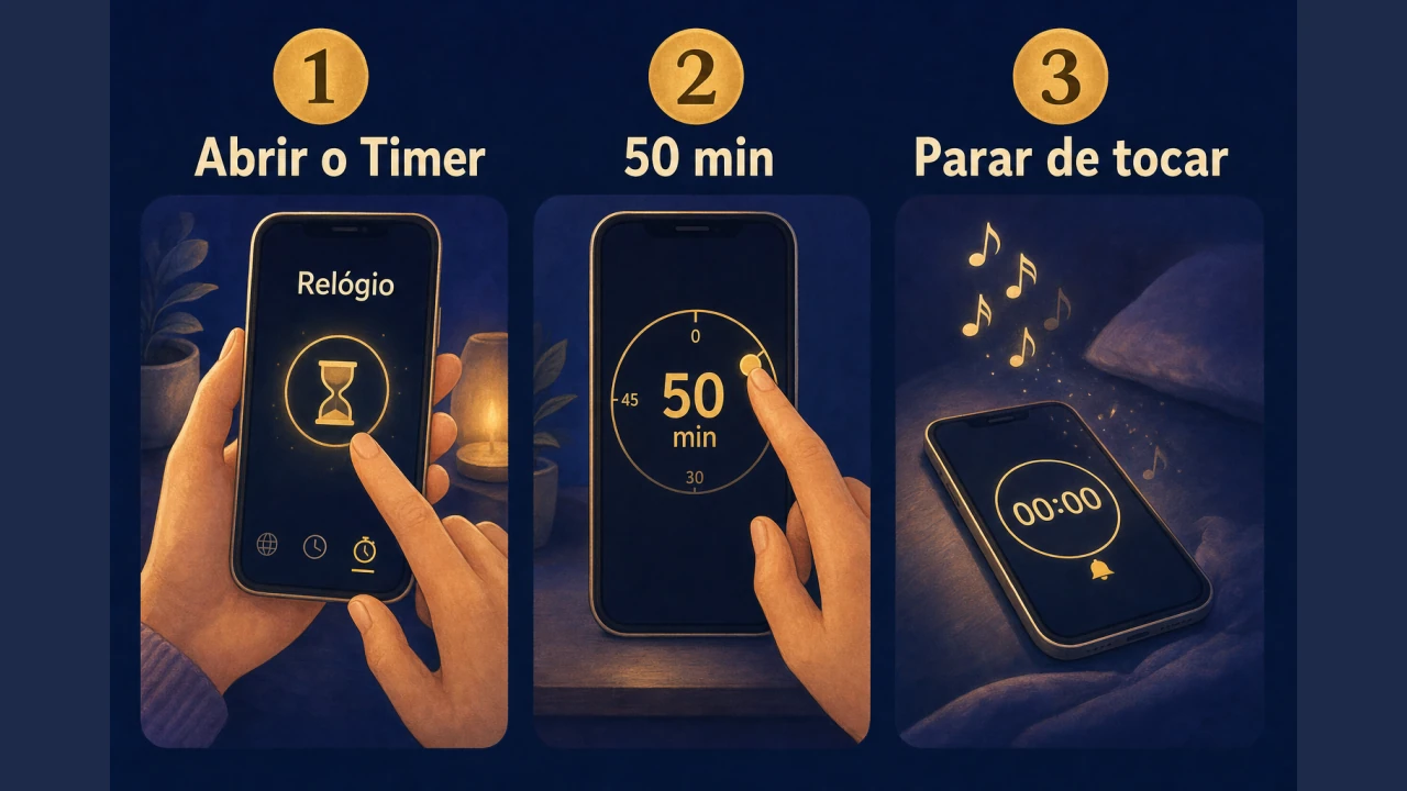 Guia ilustrado em três passos de como programar o timer do celular para desligar a música do bebê automaticamente.