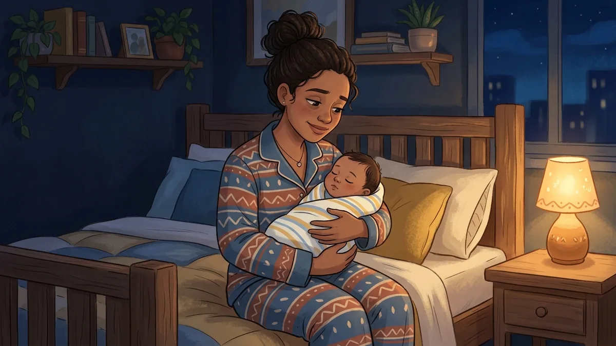 Mãe cansada mas serena embalando o bebê tranquilo no colo em um quarto à noite, iluminada por um abajur quente.