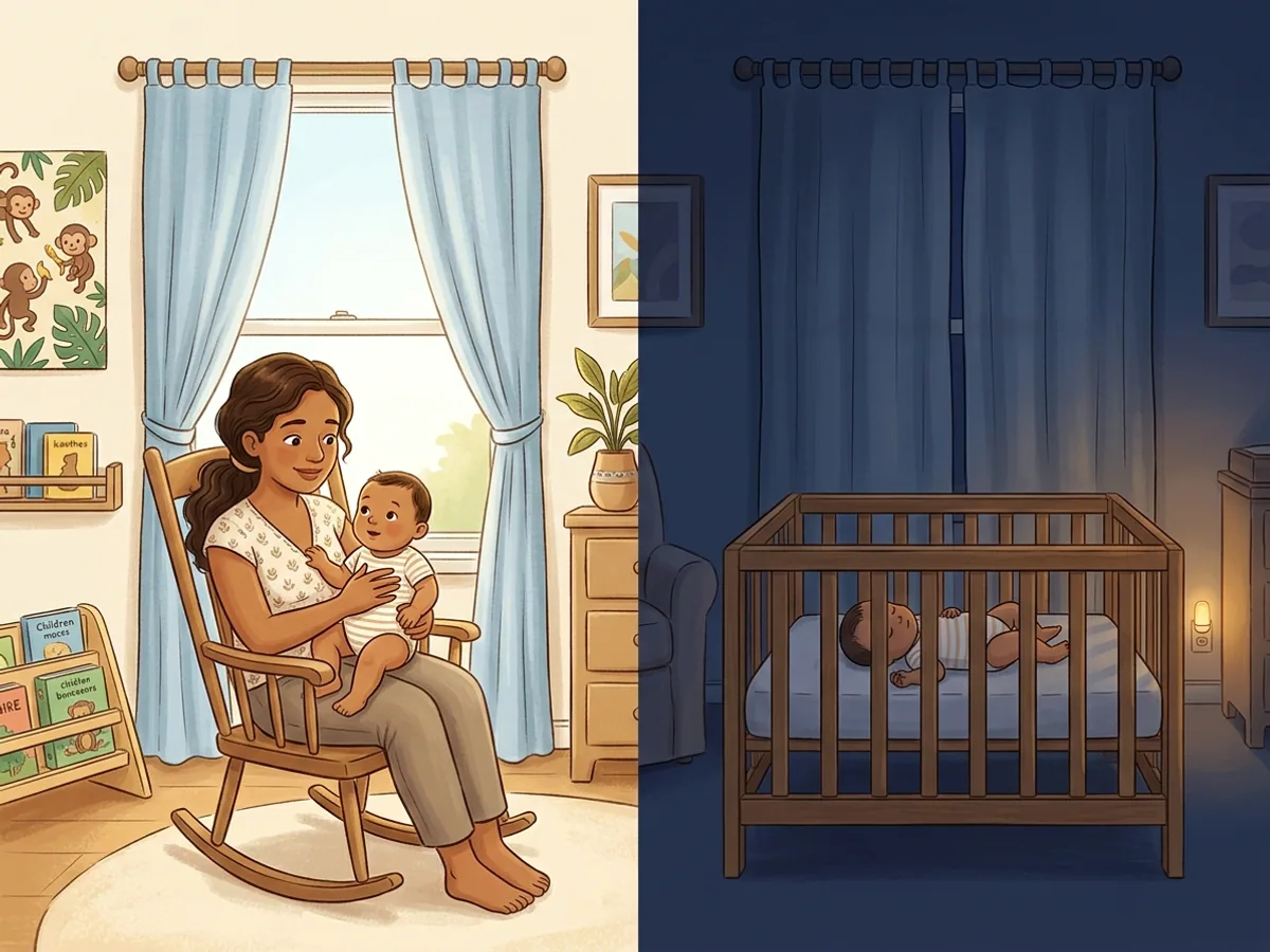 Mesmo quarto do bebe mostrado claro durante o dia e em penumbra a noite.