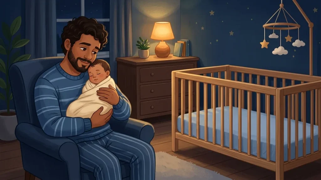 Pai embalando com carinho um bebê sonolento no colo em um quarto à noite, com abajur de luz quente e um berço ao lado