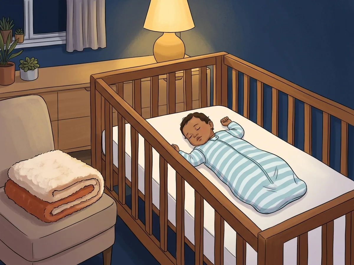 Bebê dormindo de barriga para cima em berço vazio com saco de dormir, e um cobertor felpudo dobrado guardado fora do berço, sobre uma poltrona.