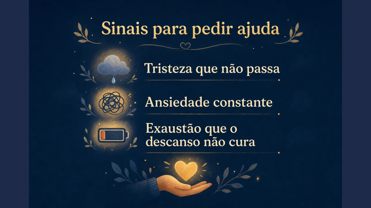 Cartão ilustrado com sinais de cansaço no pós-parto que merecem uma conversa com um profissional de saúde.