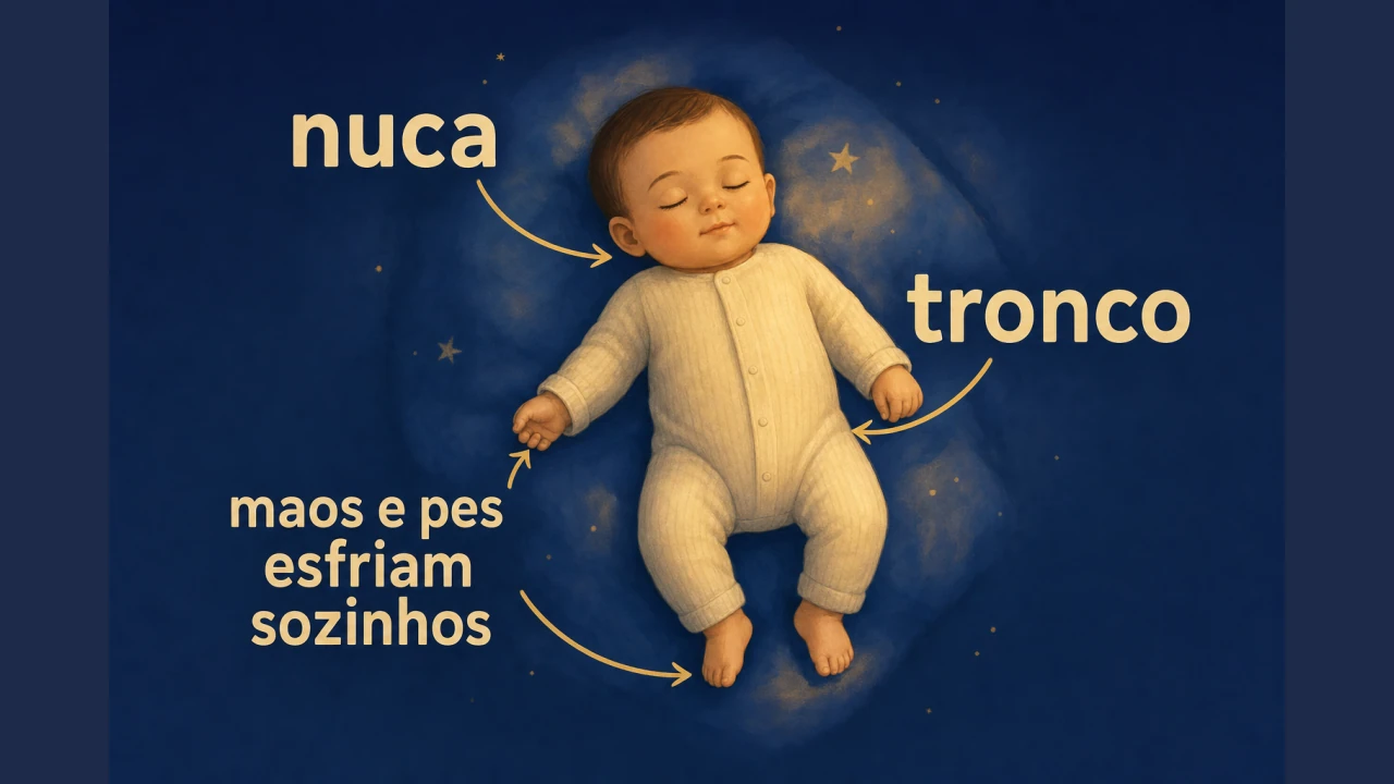 Diagrama ilustrado apontando os pontos do corpo do bebe a checar para saber se esta com frio ou calor: a nuca e o tronco.