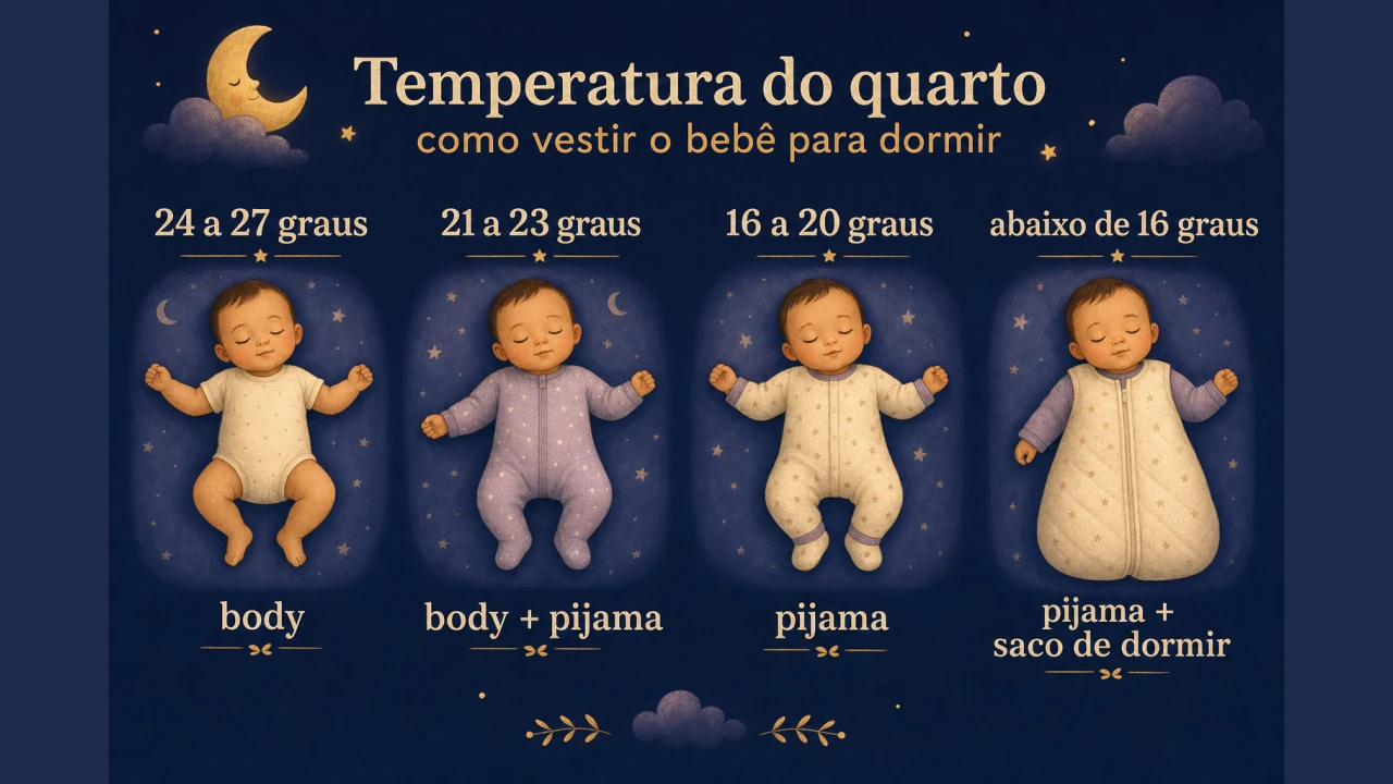 Infográfico com quatro faixas de temperatura do quarto e a quantidade de roupa recomendada para o bebê dormir em cada uma.