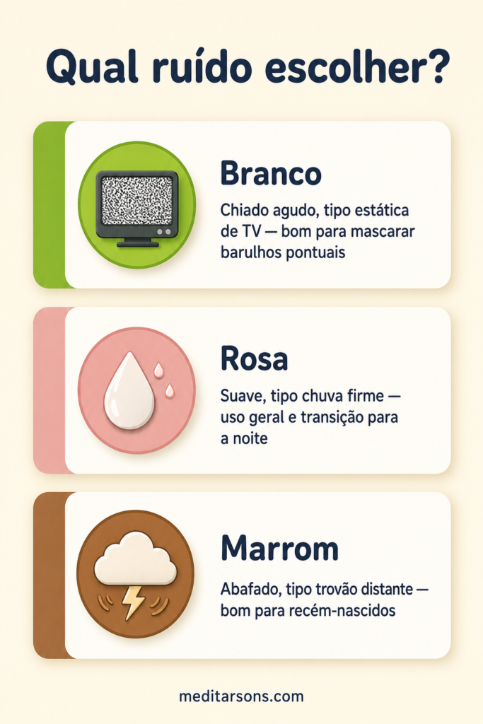 infográfico comparando os três tipos de ruído com sensação sonora e melhor uso para o bebê