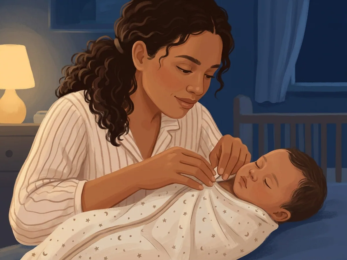 Mãe ajustando com cuidado a abertura do pescoço do saco de dormir vestido no bebê, mostrando o caimento certo junto ao ombro.
