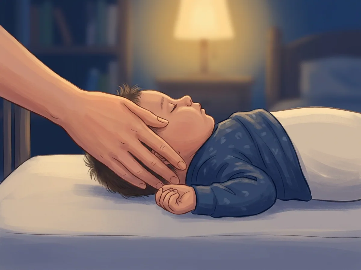 Mão de um adulto tocando com delicadeza a nuca de um bebê que dorme de barriga para cima no berço, para checar a temperatura.