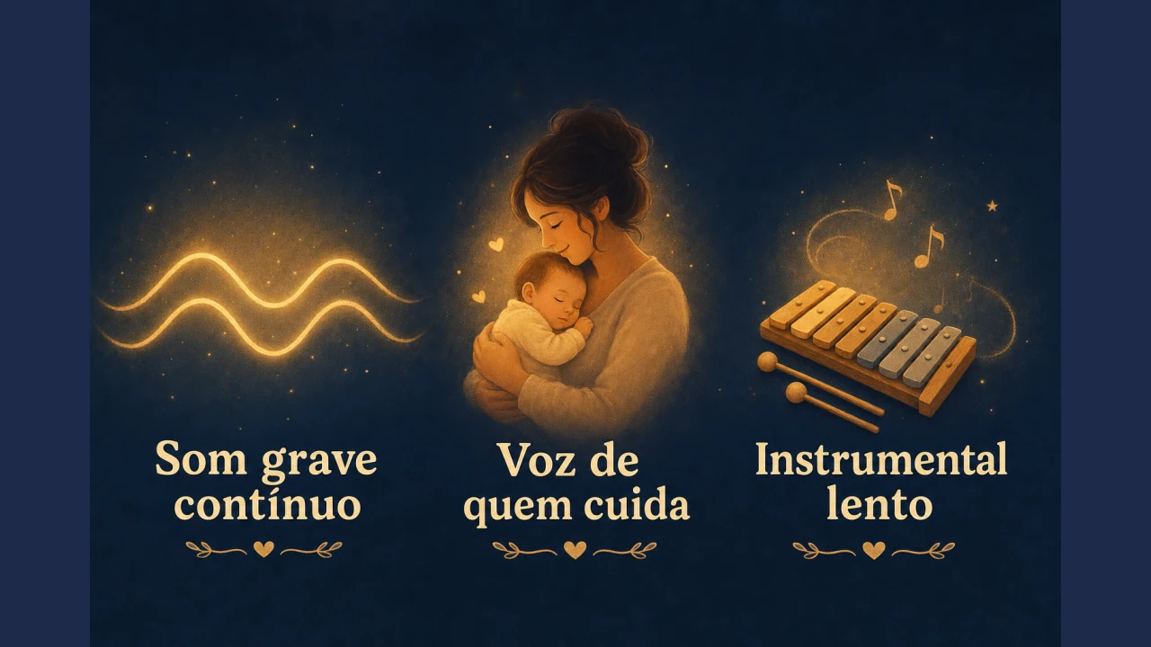 Infográfico com os três tipos de som que acalmam o recém-nascido: som grave contínuo, voz de quem cuida e música instrumental lenta.