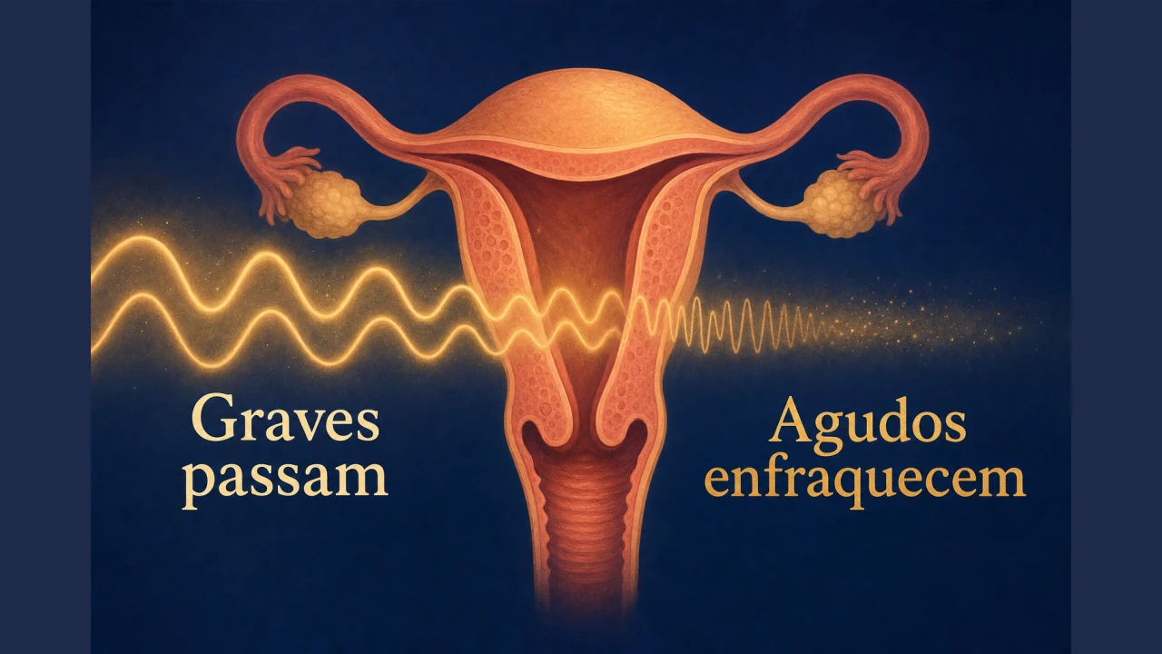 Diagrama ilustrado do útero como filtro acústico, com sons graves atravessando e sons agudos enfraquecendo.